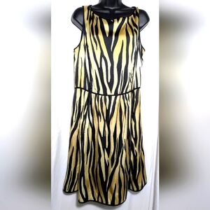 ST JOHN Tiger Print Silk Chartreuse‎ Tan Black Cocktail Party Dress | Size 8
